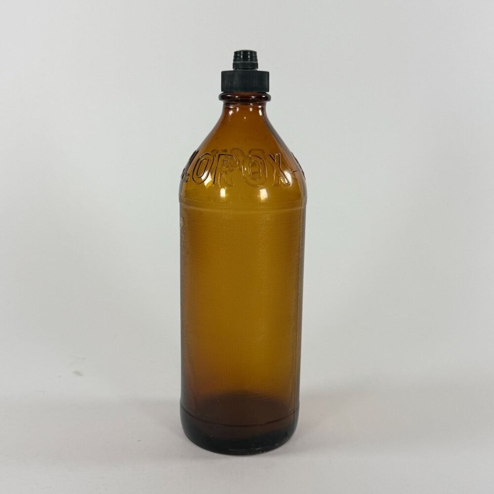 Vintage Clorox Amber Glass Bottle With Black Screw Cap 32 Oz Embossed Design